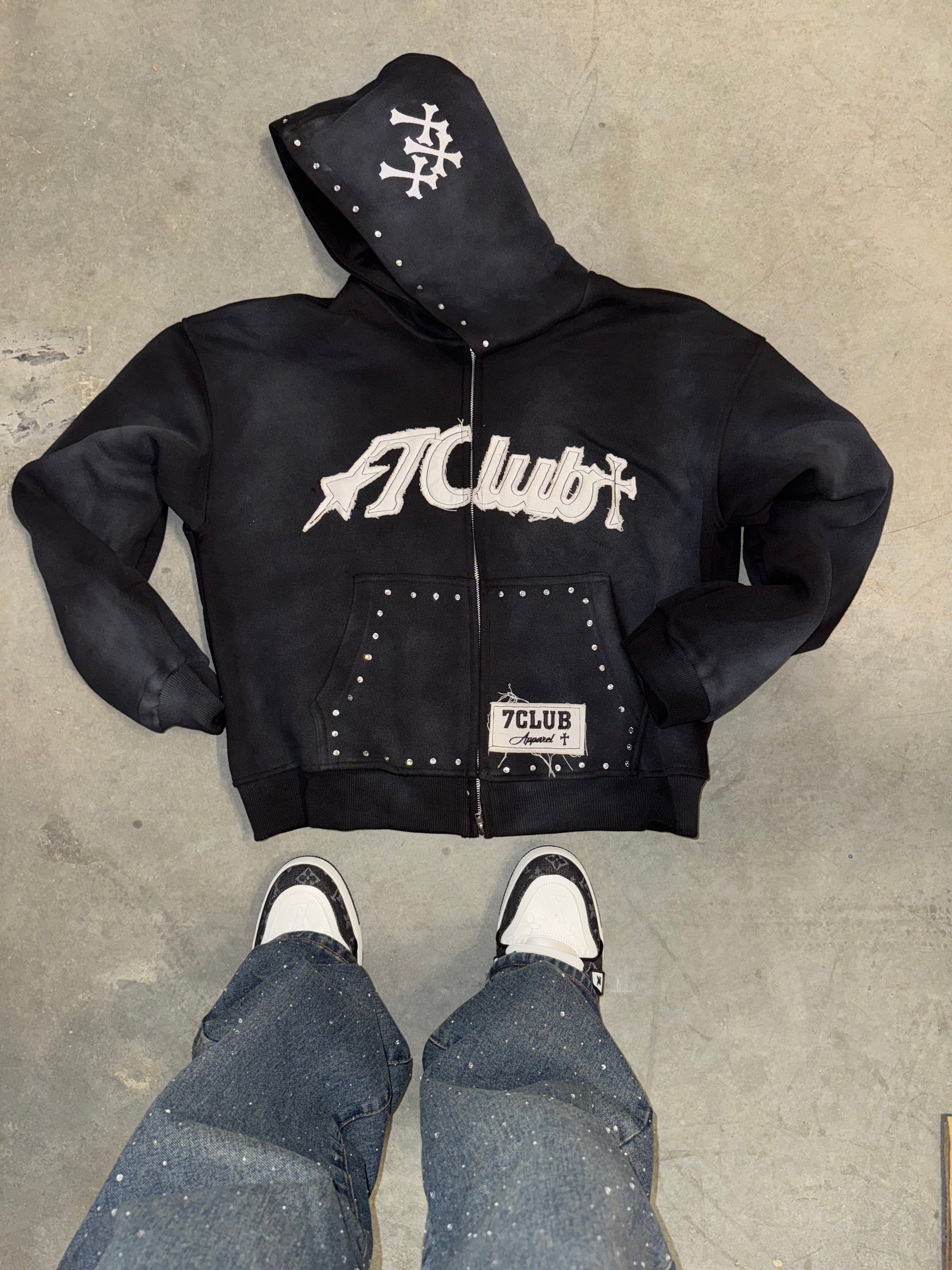 Black sunfade 7Club distressed hoodie