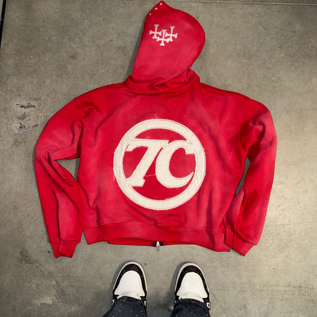 Red hoodie sunfade 7club crop top hoodie ￼