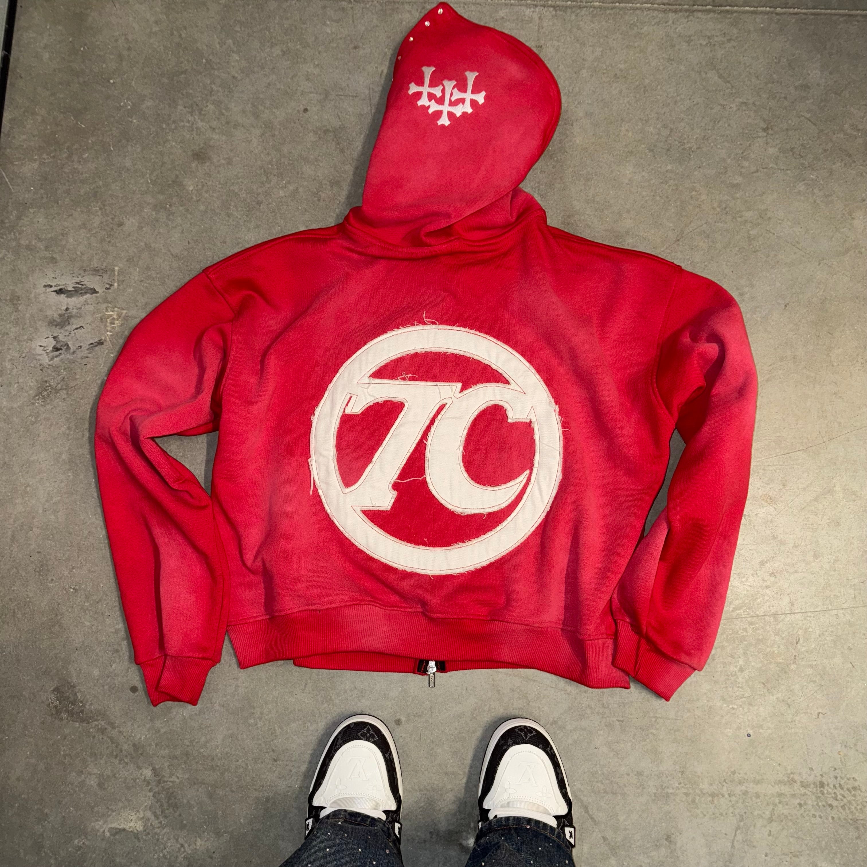 Red hoodie sunfade 7club crop top hoodie ￼
