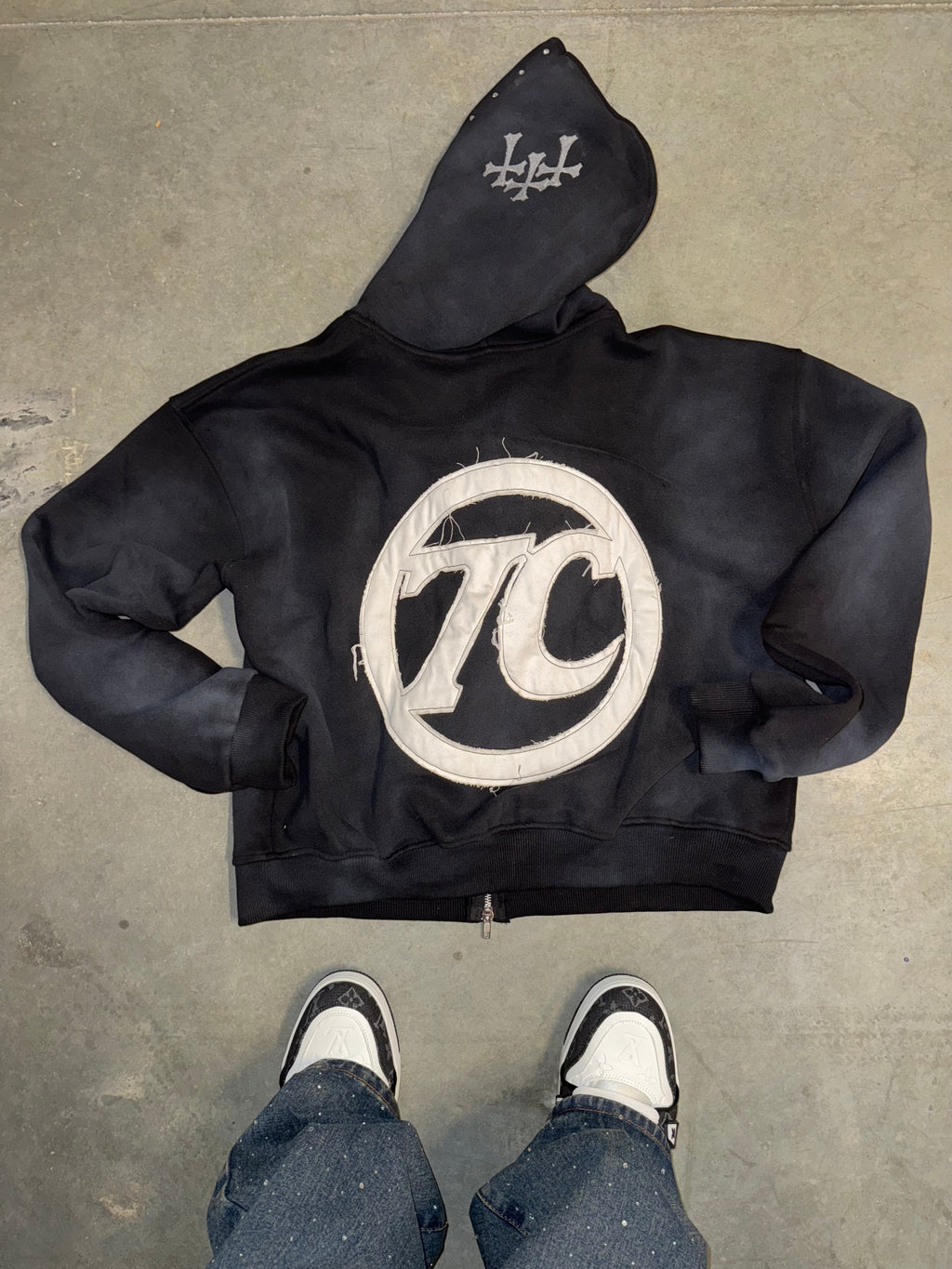 Black sunfade 7Club distressed hoodie