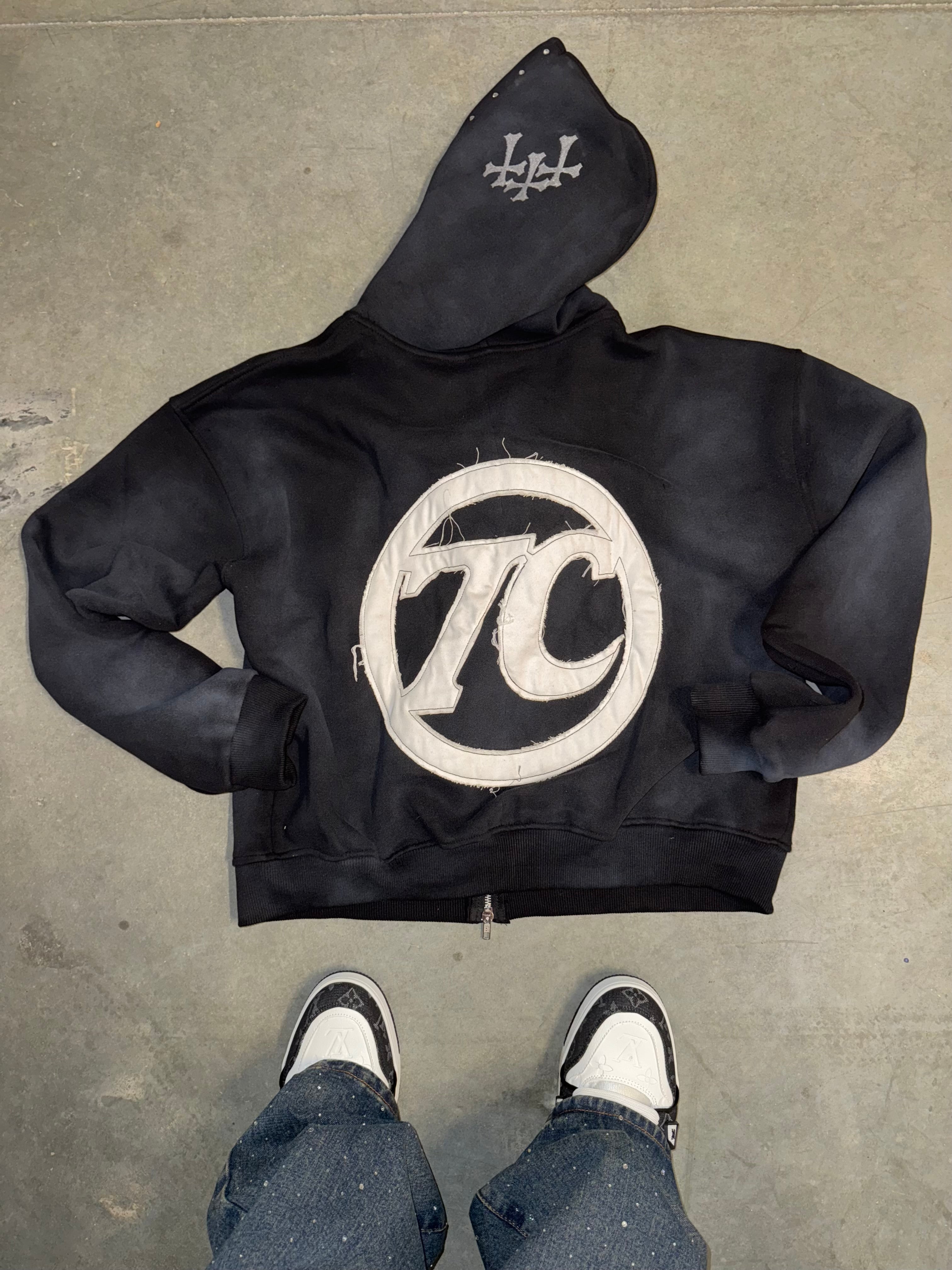 Black sunfade 7Club distressed hoodie